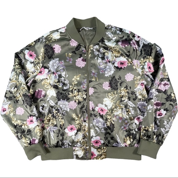 Say What? Size large sage green floral print lined silky zip up bomber jacket - Picture 2 of 13